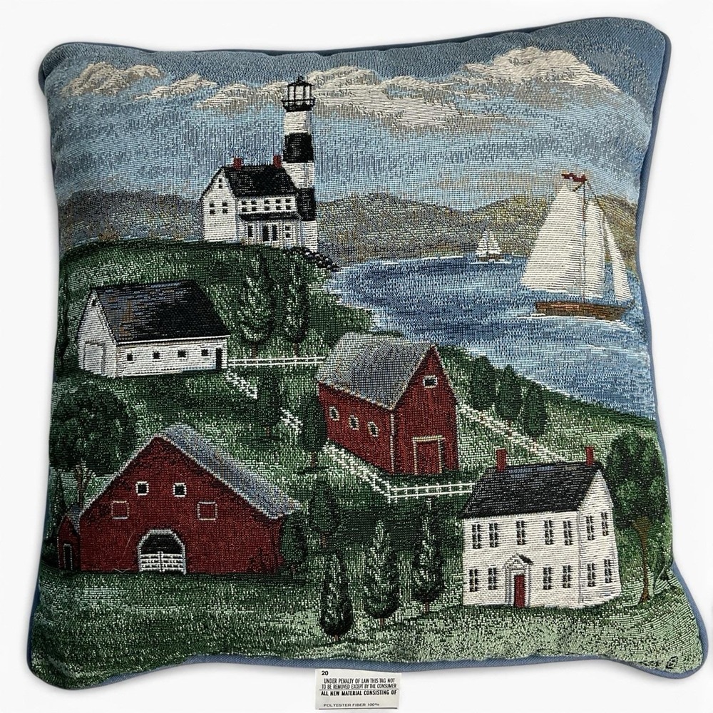 VTG Nautical Sailboat Lighthouse Pillow Coastal Blue 17" × 17" Beach Tapestry - Picture 2 of 7